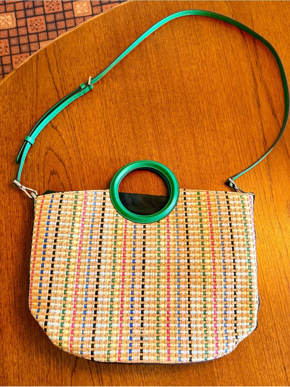 Kate Spade Woven Straw Crossbody Bag with Green Accent